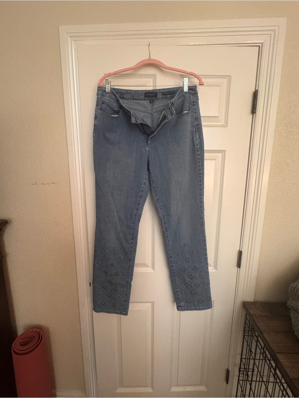 Chico's Blue Denim Straight-Leg Jeans with Gold Diamond Embroidery